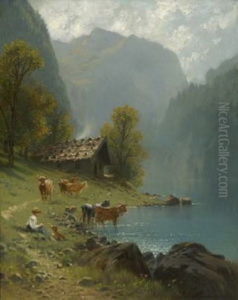 Hirte Mit Vieh Am Gebirgssee Oil Painting by Johann Friedrich Hennings