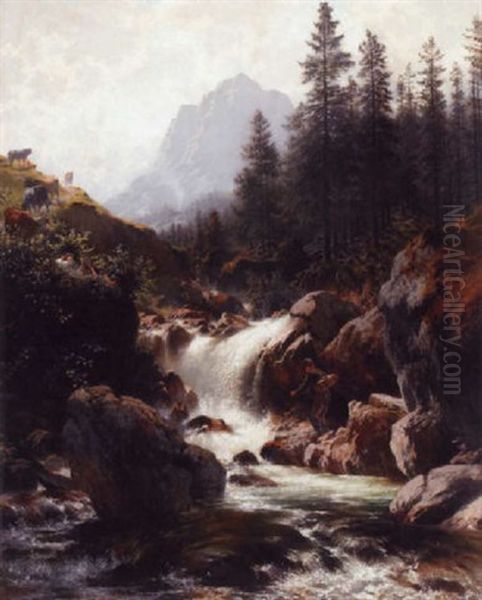 A Young Boy Fishing In A Mountain Stream With Cows On A Path And Another Boy Sleeping Oil Painting by Johann Friedrich Hennings