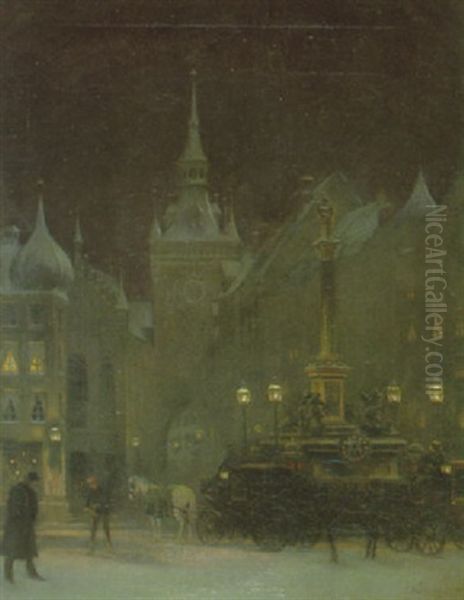 Der Marienplatz In Munchen In Einer Winternacht Mit Blick Auf Droschken, Mariensaule Und Altes Rathaus Oil Painting by Johann Friedrich Hennings