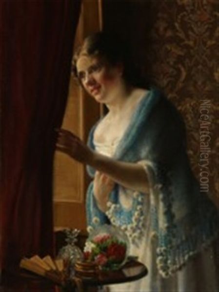 Young Woman Looking Out Of The Window In Anticipation Oil Painting by Christian Pram Henningsen