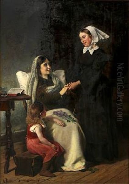 A Convalescent. The Young Mother And Her Nurse Are Exchanging Goodbyes Oil Painting by Christian Pram Henningsen