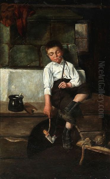 A Boy Lights His Long Pipe Oil Painting by Christian Pram Henningsen