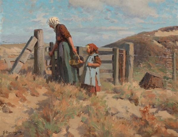 A Young Woman And A Little Girl Opening The Gate Oil Painting by Erik Ludwig Henningsen