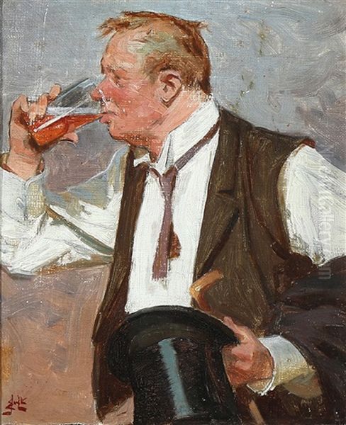 A Gentleman In A Waistcoat Enjoying A Pint Of Beer Oil Painting by Erik Ludwig Henningsen