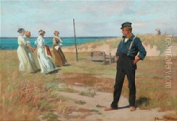 Beach Scene With A Young Man Looking At Four Young Women Oil Painting by Erik Ludwig Henningsen