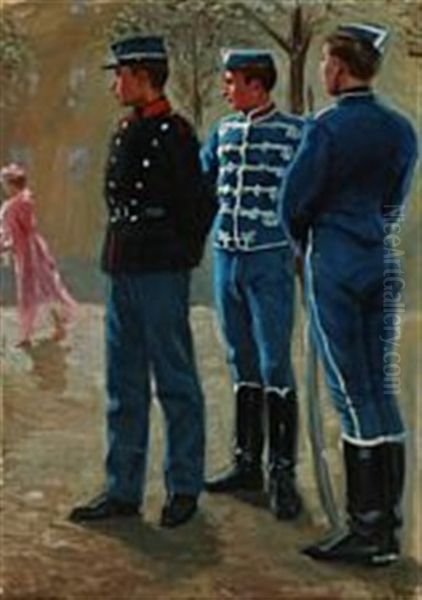 Three Soldiers Admiring A Woman Dressed In Pink Oil Painting by Erik Ludwig Henningsen