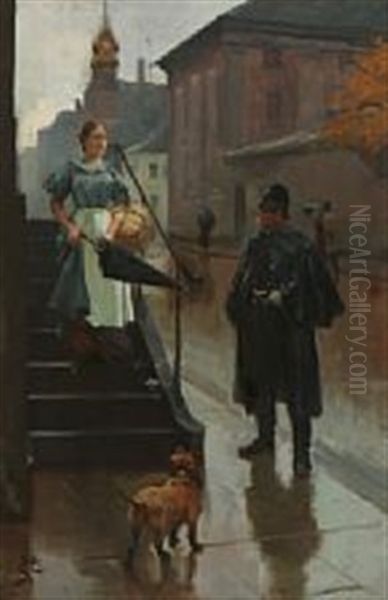 A Maid Talking To A Police Officer Oil Painting by Erik Ludwig Henningsen