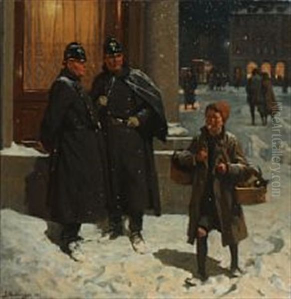 Two Police Officers In Snowy Weather In Copenhagen Oil Painting by Erik Ludwig Henningsen