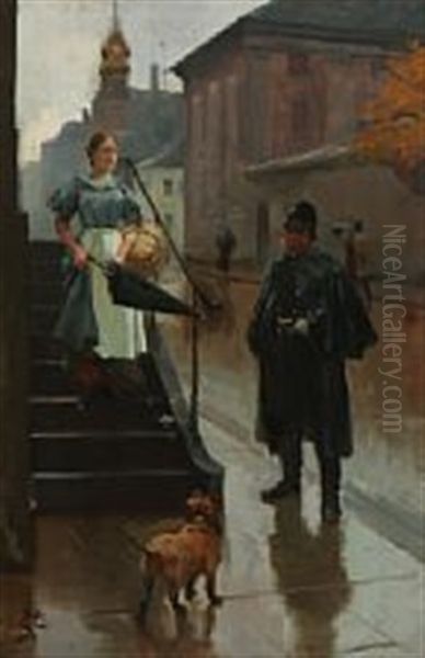 A Maid Talking To A Police Officer Oil Painting by Erik Ludwig Henningsen