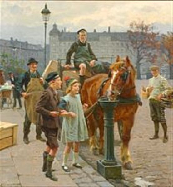 Street Scene From Copenhagen With Children Watering A Horse Oil Painting by Erik Ludwig Henningsen