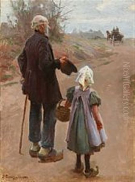 A Little Girl And Her Grandfather Watching The Stage Coach In The Distance Oil Painting by Erik Ludwig Henningsen