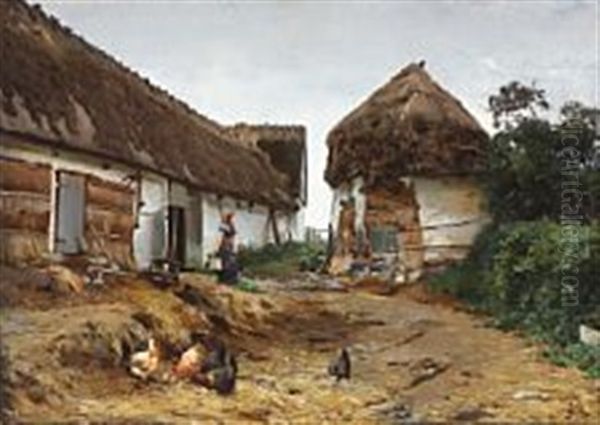 A Milkmaid At A Whitewashed Farmhouse Oil Painting by Erik Ludwig Henningsen