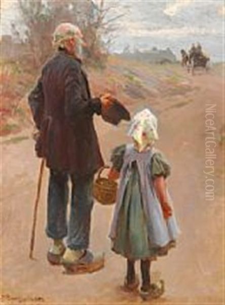 A Little Girl And Her Grandfather Watching The Stage Coach In The Distance Oil Painting by Erik Ludwig Henningsen