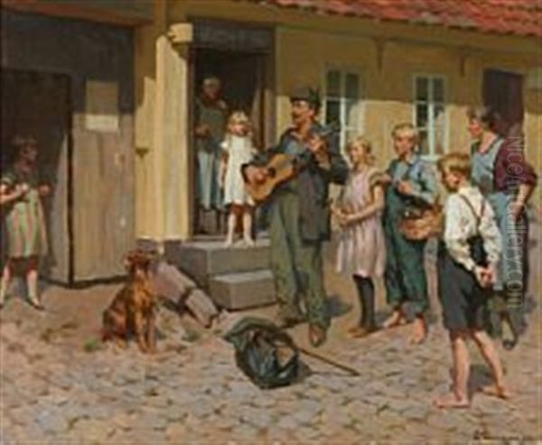 A Street Musician In Front Of His Audience Oil Painting by Erik Ludwig Henningsen