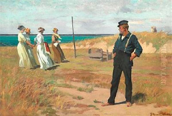 Beach Scene With A Young Fisherman Looking At Four Elegant Young Women Oil Painting by Erik Ludwig Henningsen