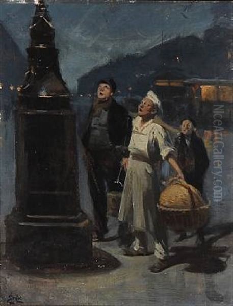 The New Street Lights Are Admired In Copenhagen Oil Painting by Erik Ludwig Henningsen