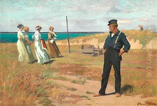 Beach Scene With A Young Man With His Hands In His Pockets And His Cap Askew Looking At Four Young Women Oil Painting by Erik Ludwig Henningsen