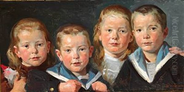 Group Portrait Of The Artist's Four Children Jorgen, Henriette, Mogens And Ingeborg With A Gnome In Her Hand Oil Painting by Erik Ludwig Henningsen