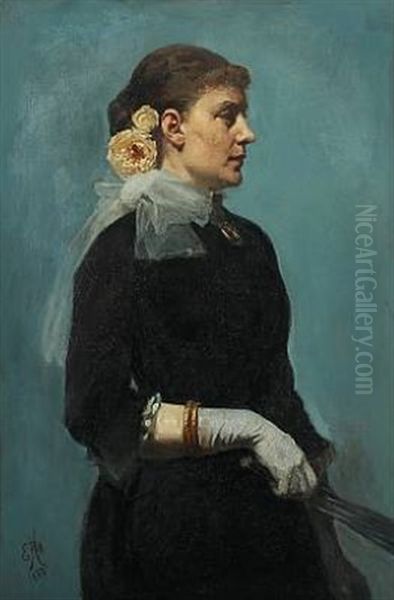 Woman With A Fan And Roses In Her Hair Oil Painting by Erik Ludwig Henningsen