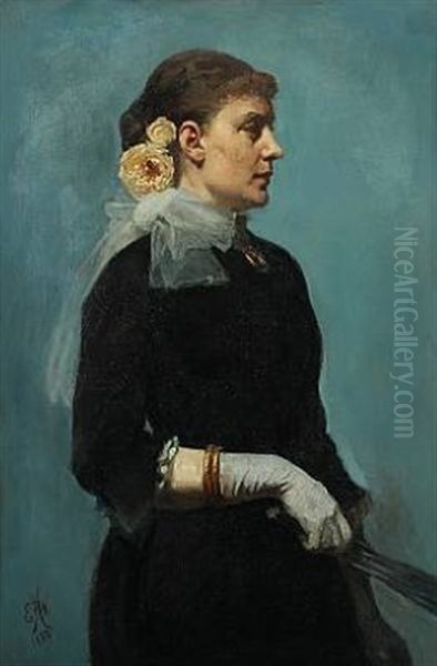 Woman With A Fan And Roses In Her Hair Oil Painting by Erik Ludwig Henningsen