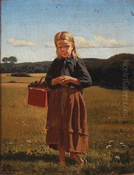 A Barefooted Peasant Girl With A Picnic Basket On Her Arm Oil Painting by Erik Ludwig Henningsen