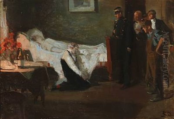 A Man Kneeling By A Woman's Deathbed With A Gun In His Hand Oil Painting by Erik Ludwig Henningsen