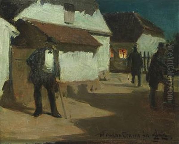 Moonlight Scenery With Gentlemen In The Street Oil Painting by Erik Ludwig Henningsen