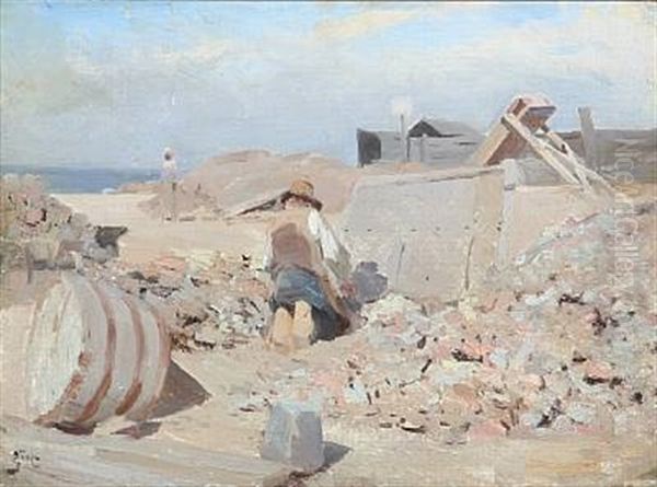 A Man Works In A Little Quarry Near The Beach Oil Painting by Erik Ludwig Henningsen