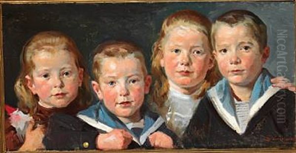 Group Portrait Of The Artist's Four Children Jorgen, Henriette, Mogens And Ingeborg Oil Painting by Erik Ludwig Henningsen