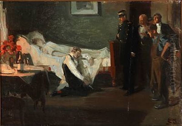 A Man At A Woman's Bedside Oil Painting by Erik Ludwig Henningsen