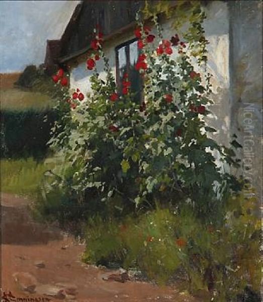 Hollyhocks By A Whitewashed Farmhouse Oil Painting by Erik Ludwig Henningsen