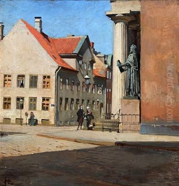 Two Men Admire The Statue Of Moses In Front Of Copenhagen Cathedral Oil Painting by Erik Ludwig Henningsen