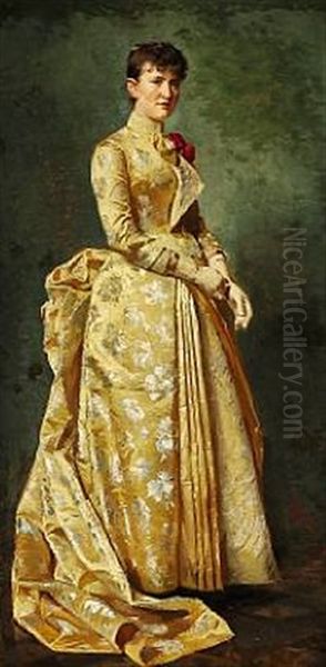 Portrait Of Anna Helen Eybe Married To Barrister Eybe, In A Yellow Evening Gown Oil Painting by Erik Ludwig Henningsen