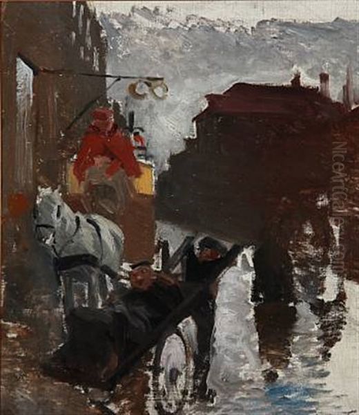 Gadescene Med Postvogn Oil Painting by Erik Ludwig Henningsen