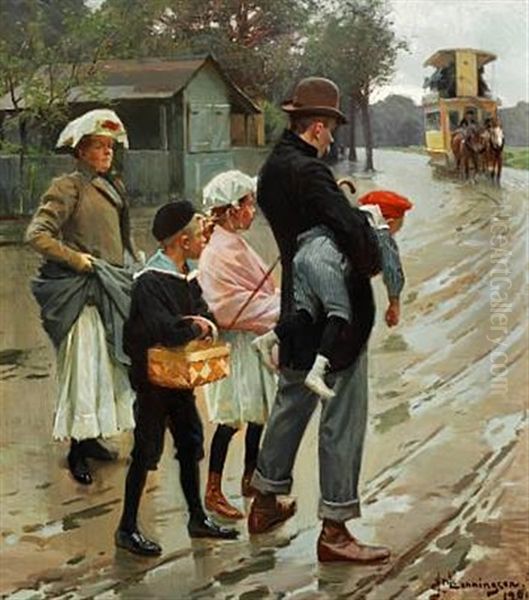 On The Way To The Streetcar Oil Painting by Erik Ludwig Henningsen