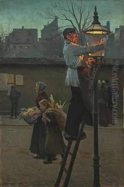 Copenhagen Cityscape With Persons Lighting The Lamp Post Oil Painting by Erik Ludwig Henningsen