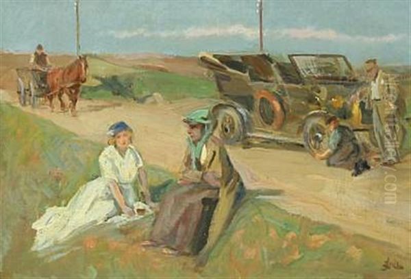 The Puncture Oil Painting by Erik Ludwig Henningsen