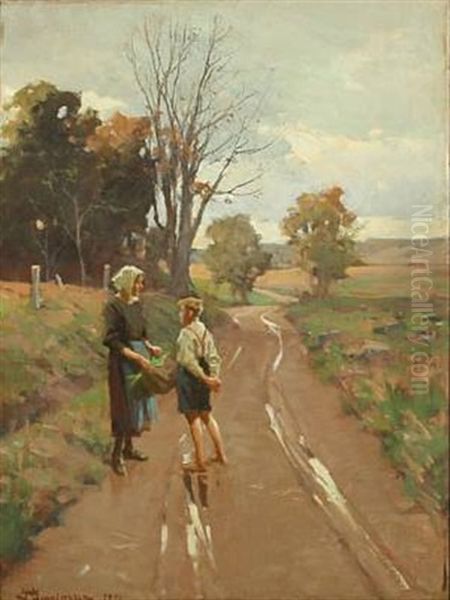 Woman And Boy On The Road Oil Painting by Erik Ludwig Henningsen