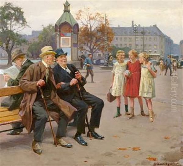 Gamle Skolekammerater (old Schoolmates Sitting On A Bench At Lille Triangel In Copenhagen) by Erik Ludwig Henningsen