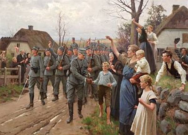 Danish Soldiers Crossing Dybbol On The 6th Of May 1920 Oil Painting by Erik Ludwig Henningsen