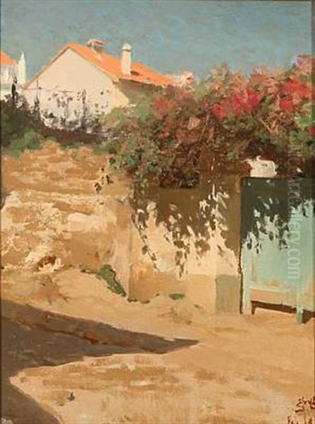 Street Scene From Southern Europe With Colorful Flowers Growing Over A Garden Wall Oil Painting by Erik Ludwig Henningsen