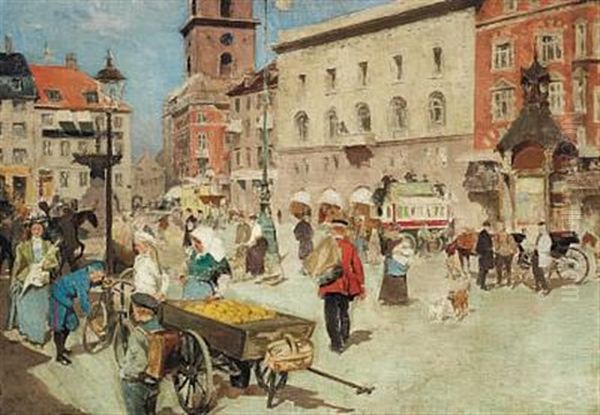 Street Life In Gammel Torv In Copenhagen With A Postman And A Fruit Stall Oil Painting by Erik Ludwig Henningsen