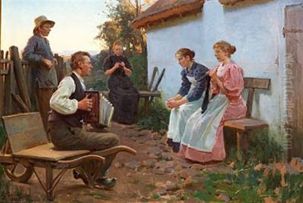 Summer Evening With Young People Listening To A Musician Playing The Accordion Oil Painting by Erik Ludwig Henningsen