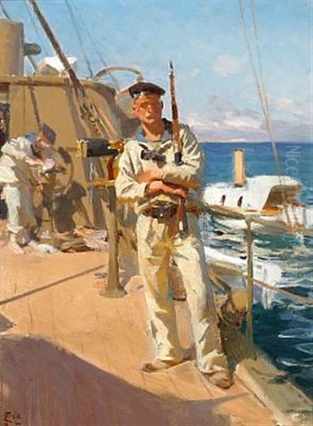 Naval Gunner On Board A Warship Oil Painting by Erik Ludwig Henningsen