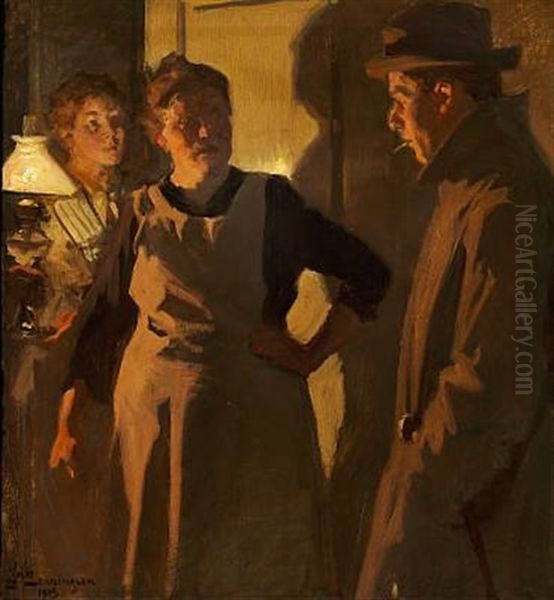 Three People Talking In A Doorway In The Light From A Lamp Oil Painting by Erik Ludwig Henningsen