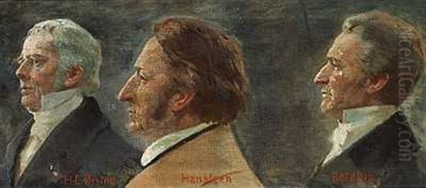 Profilportraetter Af H. C. Orsted, Niels Hansteen Og Anders Retzius Oil Painting by Erik Ludwig Henningsen