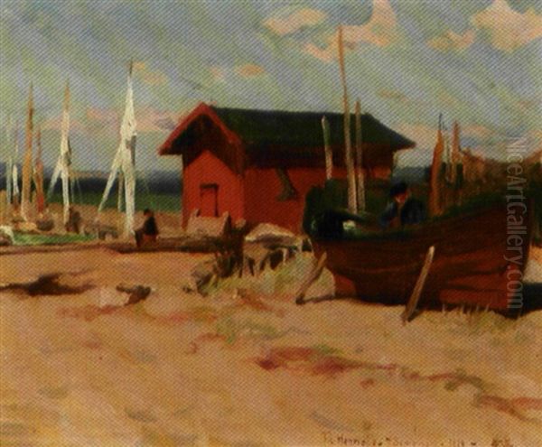 Strandparti Med Badehus Og Sejlskibe Oil Painting by Erik Ludwig Henningsen