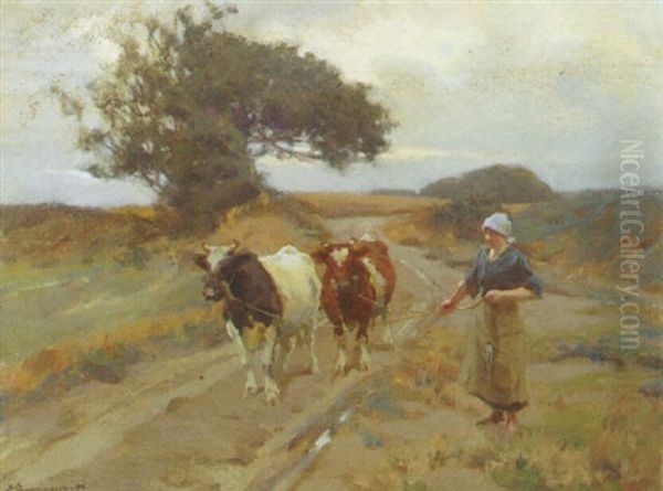 Landscab Med Ung Kvinde Der Traekker To Koer Oil Painting by Erik Ludwig Henningsen