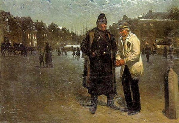 Betjent Og Bud Pa Kongens Nytorv, Aften Oil Painting by Erik Ludwig Henningsen