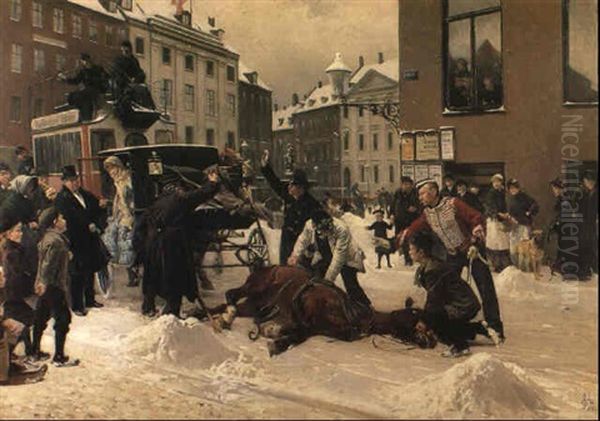 An Incident At Nytorv Square, Copenhagen Oil Painting by Erik Ludwig Henningsen